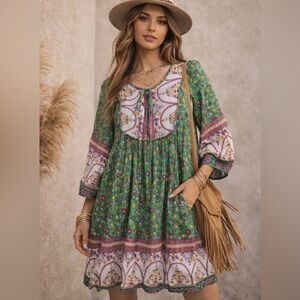 Bluetime Floral Dress with Green, Pink and White Accents